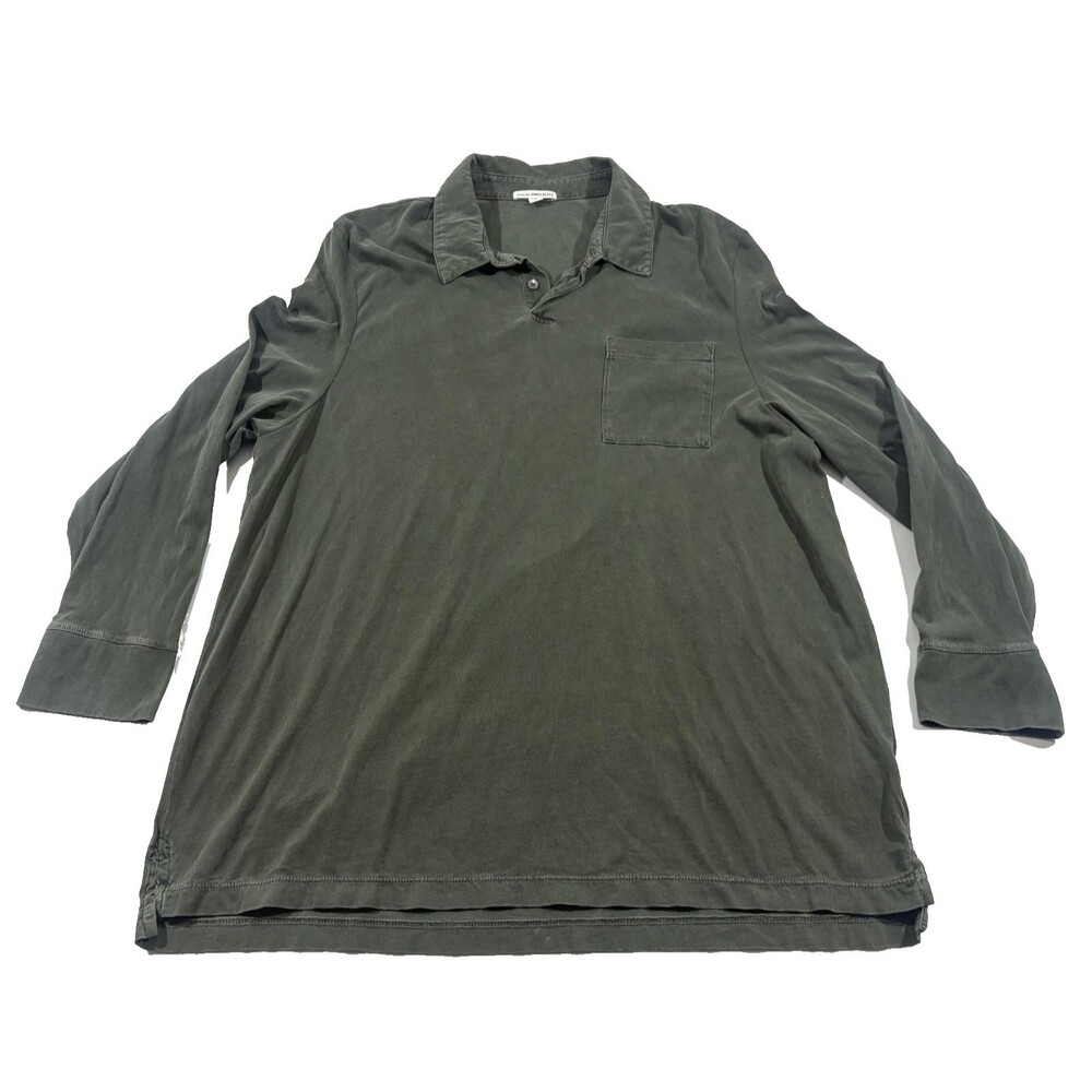 James Perse Shirt Green Sueded Jersey Rugby Polo Chest Pocket Cotton Sz 2XL Flaw